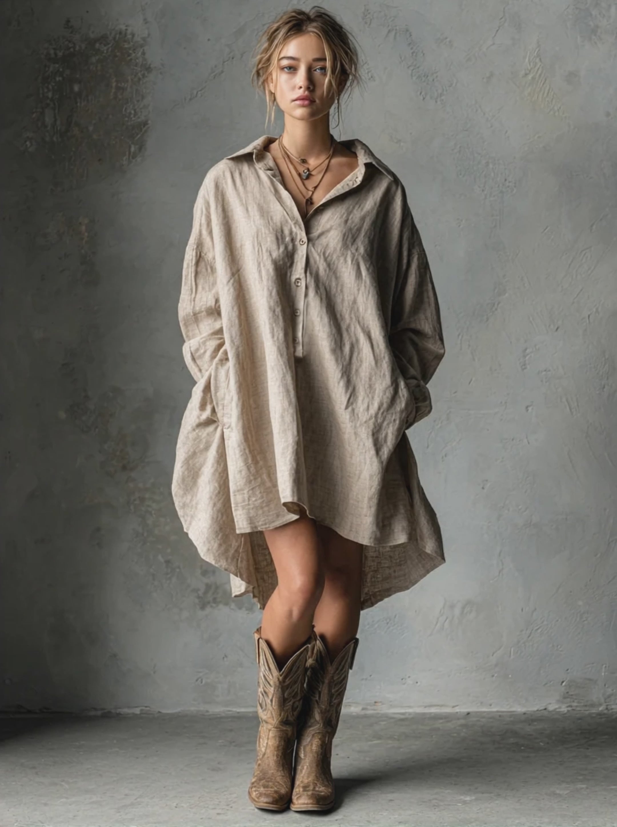 Women's Fashion Loose Cotton And Linen Button Lapel Mini Dress MDA1854H2Y